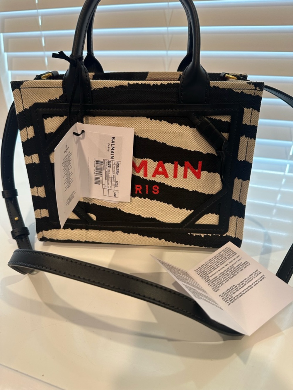 Balmain Black and Cream Zebra Tote with Red Accents